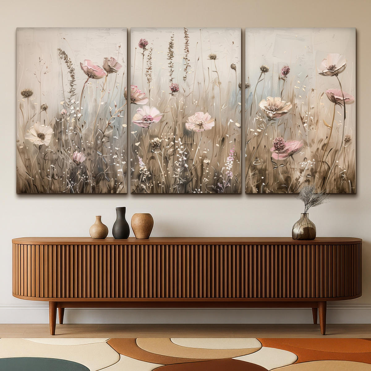 LEINWANDBILD 3er Set Blumen - Beige - Modern - Rosa 240x120 cm - Ecru, Textil (240/120cm) - MuchoWow