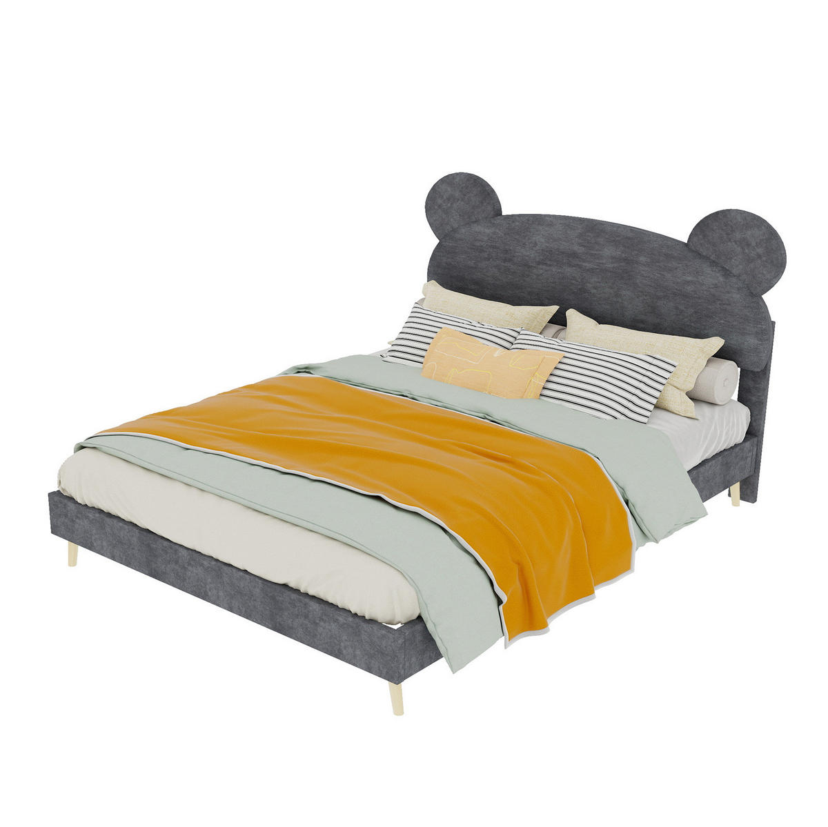 KINDERBETT 140/200 cm mit Polsterkopfteil in Bärenohr-Optik und Taschenfederkernmatratze, Grau - Grau, Textil (140/200cm) - Redom