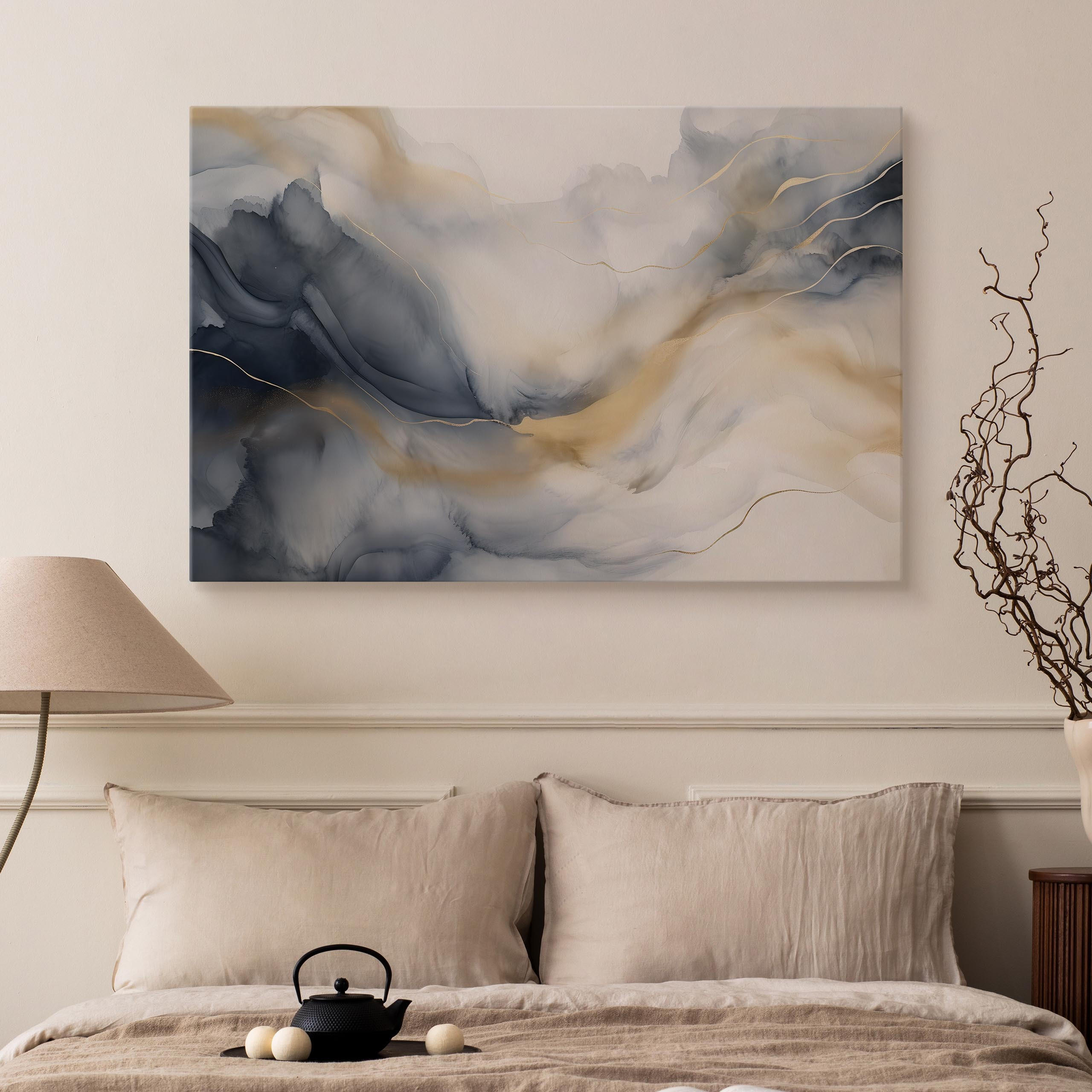 LEINWANDBILD Marmor Muster Malarei 100x70 - Blau/Beige, Textil (100/70cm) - Muralo