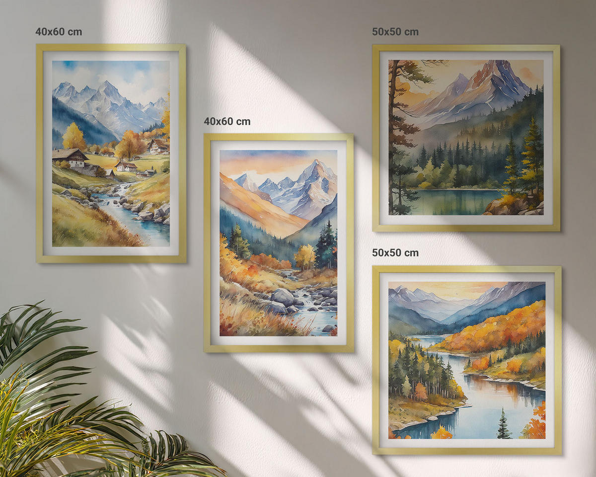 BILDER SET 4er Set - 50x50 cm & 40x60 cm Goldrahmen - Berglandschaft, Flusshütten - Goldfarben, Kunststoff (50/50cm) - TULUP