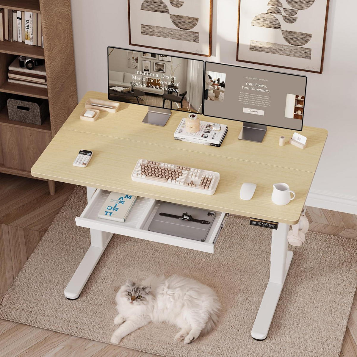 SCHREIBTISCH höhenverstellbar 140 x 60 cm mit Schublade und Memory-Funktion Beige - Beige, Holzwerkstoff (60/120/118cm)