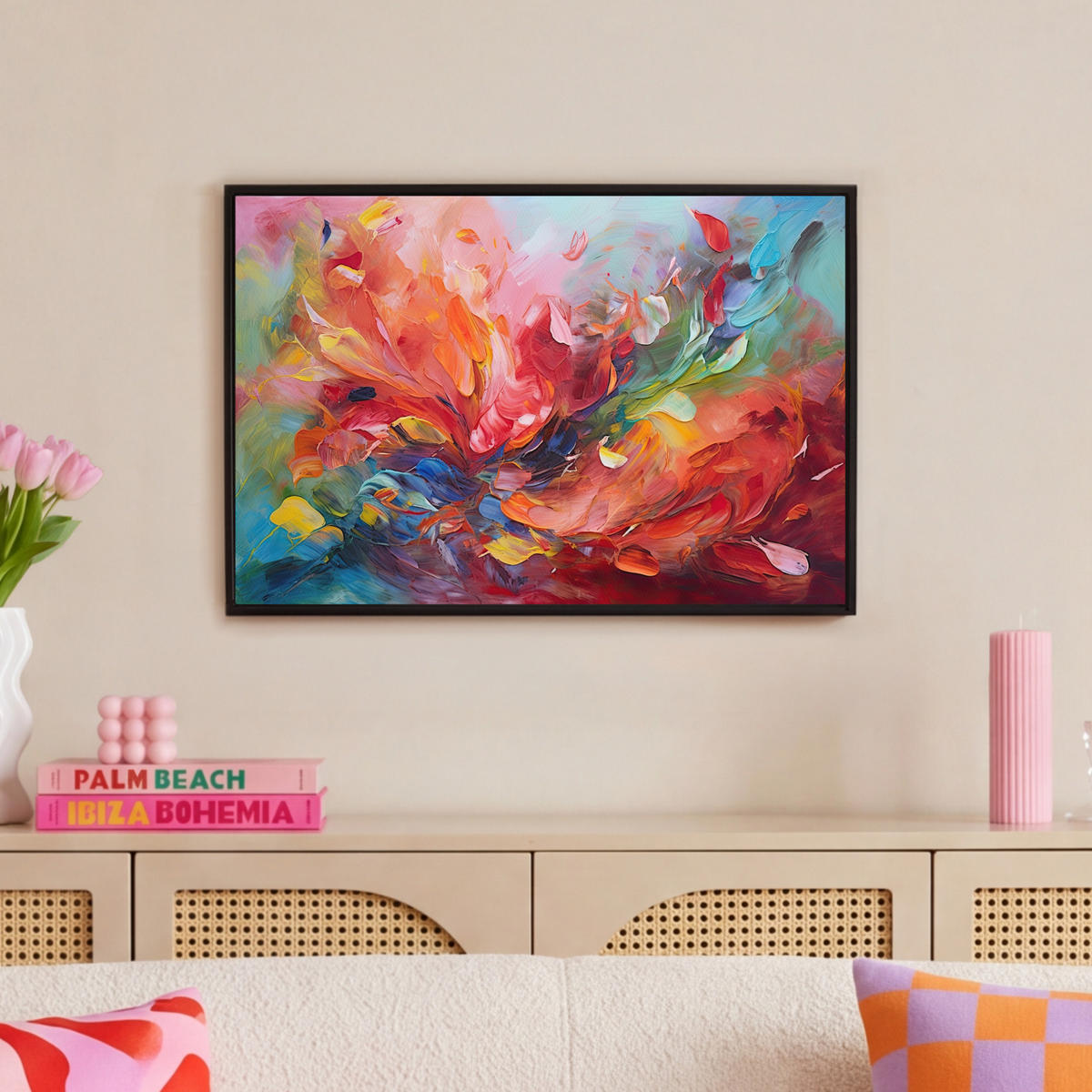 LEINWAND Bilder mit Rahmen - Ölgemälde - Kunst - Abstrakt - Farbenfroh - 60x40 - Altrosa, Textil (60/40cm) - MuchoWow