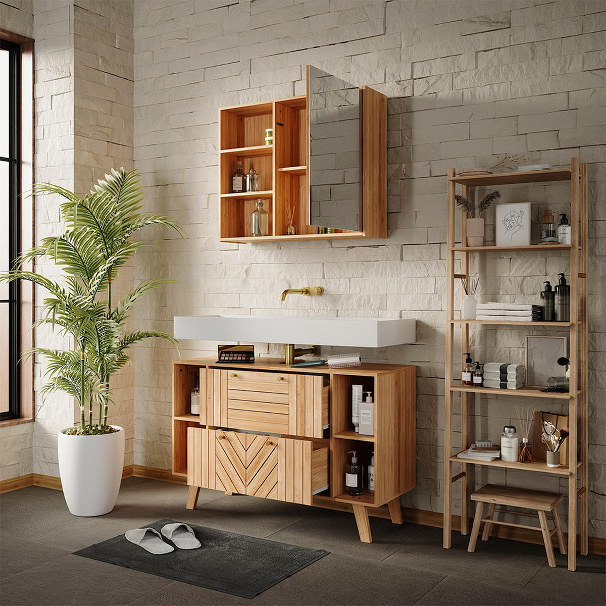 BADMÖBEL-SET Lucie Bambus 2 Teile - Grün, Holzwerkstoff (100/65/36cm) - Vicco