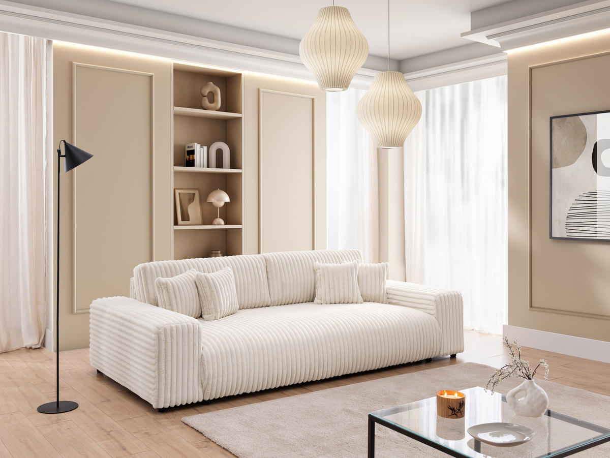 BIGSOFA Mollis Hellbeige Plüschcord mit Schlaffunktion - Beige/Schwarz, Holz/Kunststoff (260/77/124cm) - S-Style Möbel