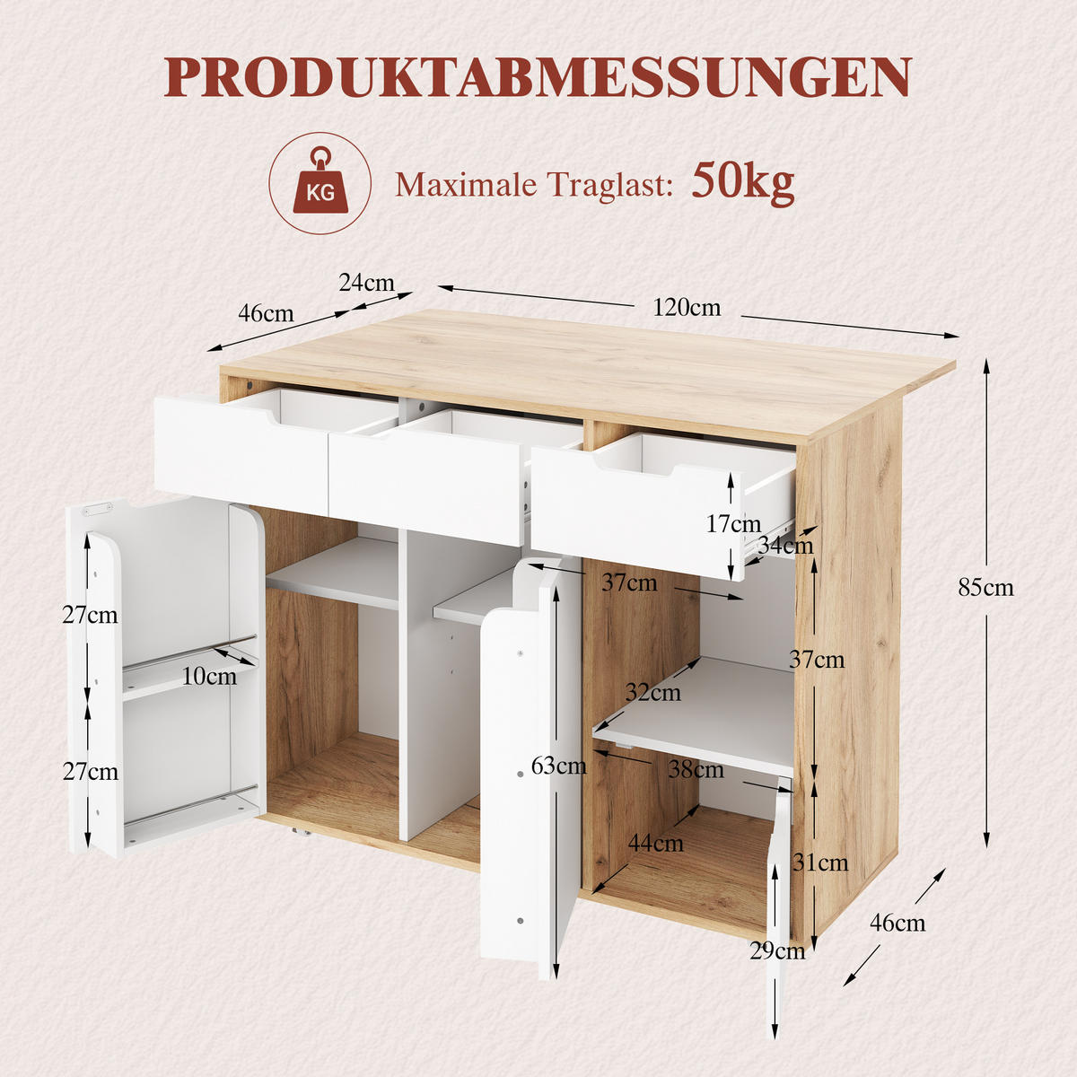 KÜCHENINSEL in Weiß Servierwagen mit Schubladen und 360°-Lenkrollen für Küche und Wohnzimmer, B120/T46/H85 cm - Weiß, Holzwerkstoff/Metall (120/85/46cm) - STILVORA