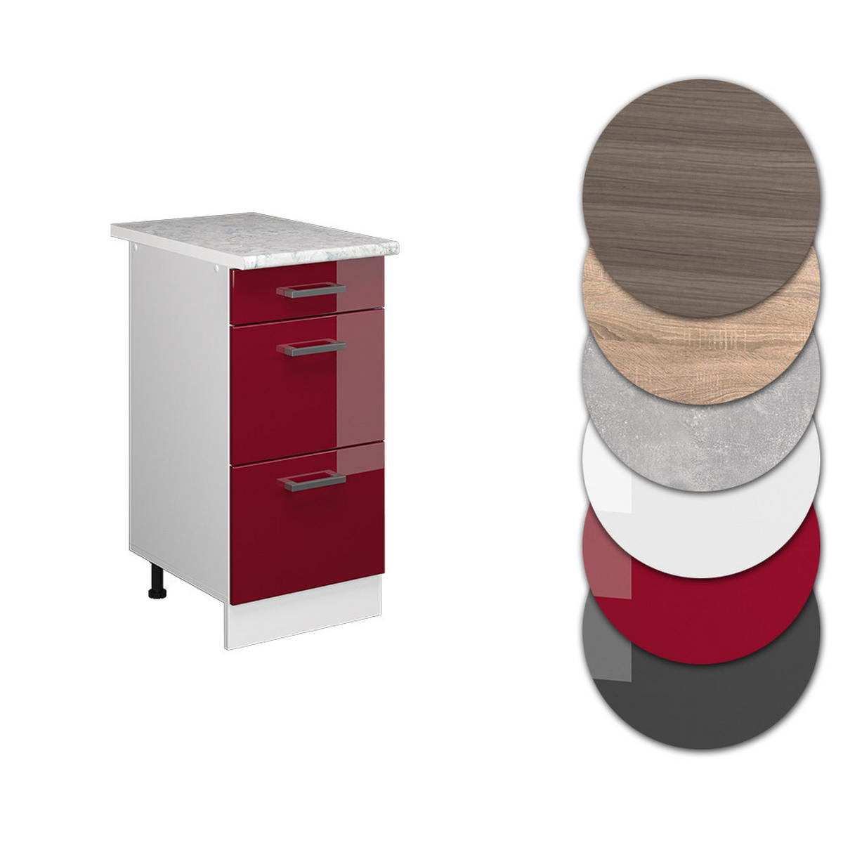 KÜCHENUNTERSCHRANK R-Line Rot Hochglanz 40 cm mit Schubladen, AP Marmor - Bordeaux/Rot, Holzwerkstoff (40/81.6/60cm) - Vicco