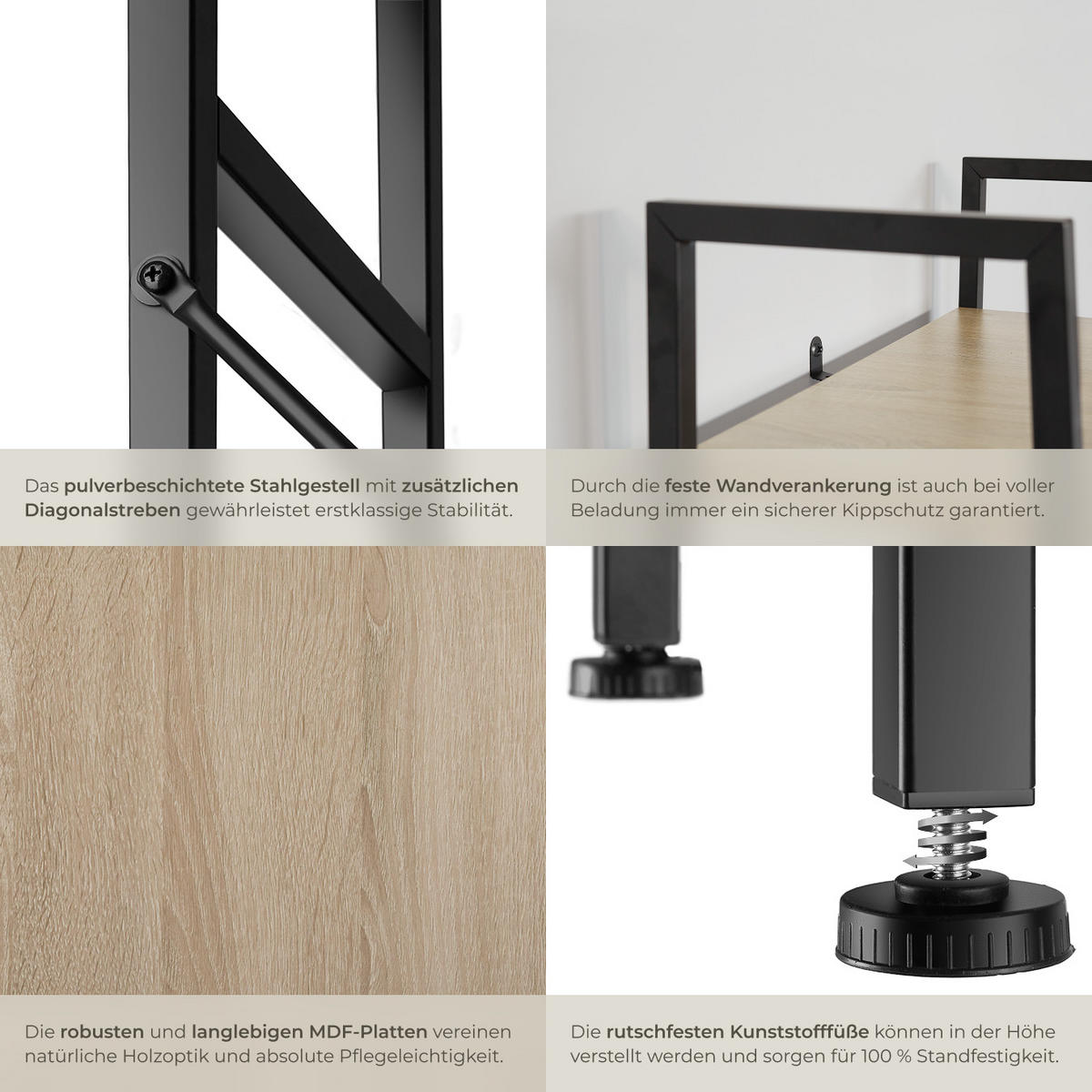 LEITERREGAL Liverpool,inklusive Kippschutz, 61,5 x 36,5 x 150 cm,Industrial Holz hell, Eiche Sonoma - Naturfarben, Holz (36.5/150/61.5cm) - tectake
