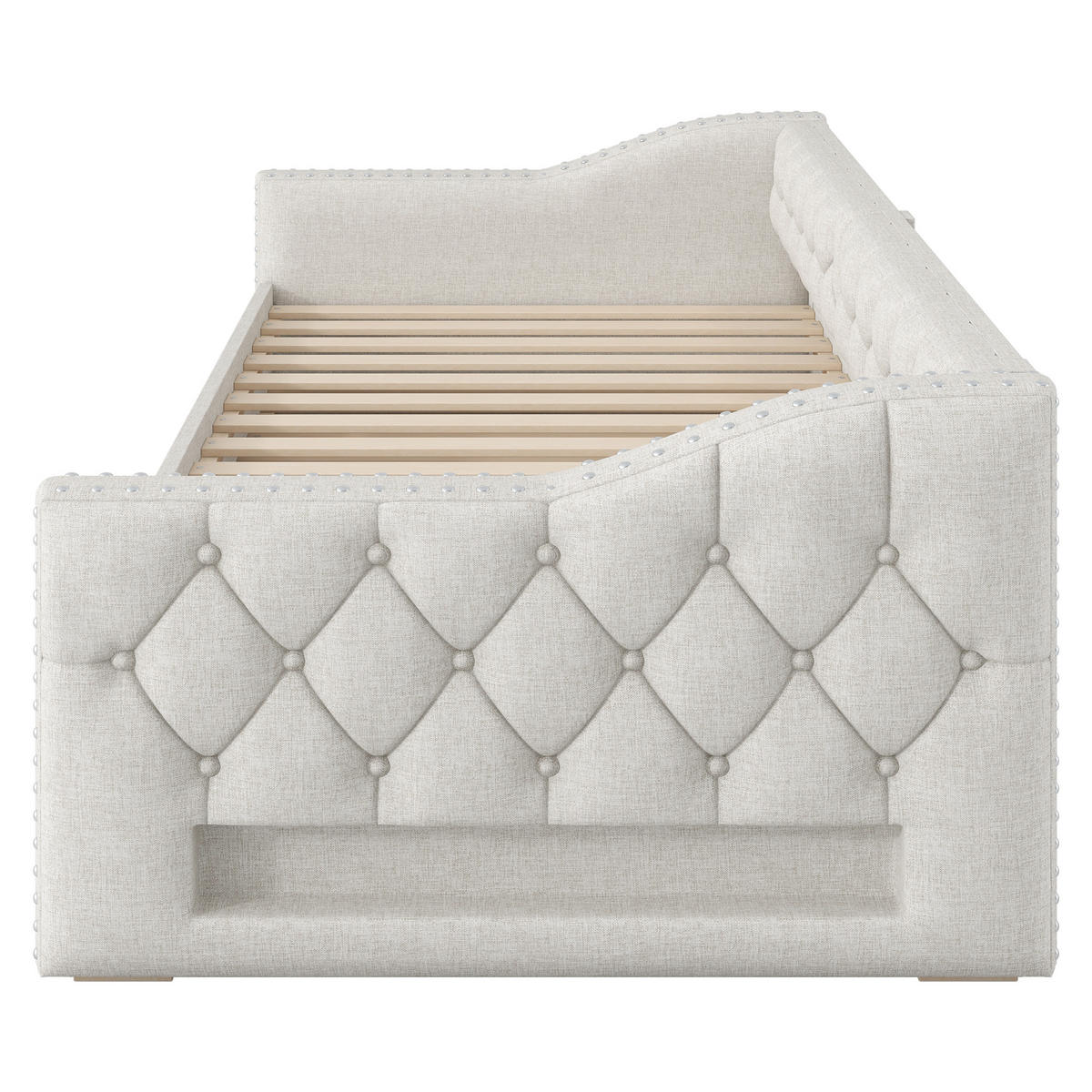 BETT 90/200 cm in Beige Leinen mit Ausziehbett, LED und 3 Schubladen - Weiß, Holzwerkstoff/Textil (90/200cm) - WISHDOR