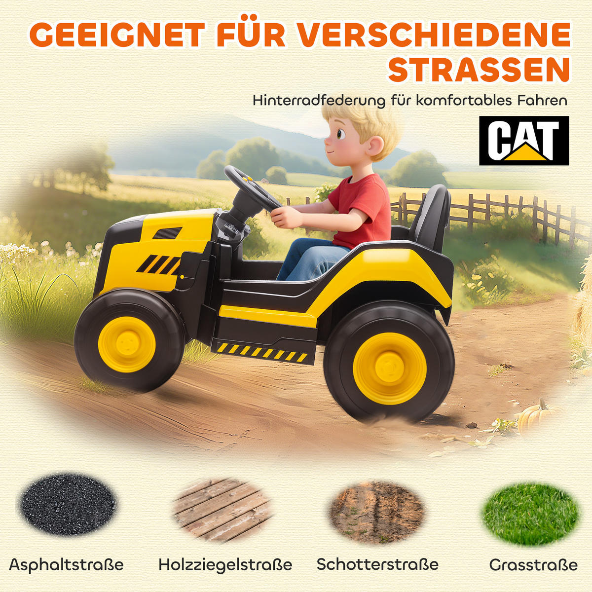 ELEKTRISCHER Traktor Offiziell CAT-lizenziert 12 V Aufsitztraktor mit Musik - Gelb, Kunststoff (100/63/56cm) - AIYAPLAY