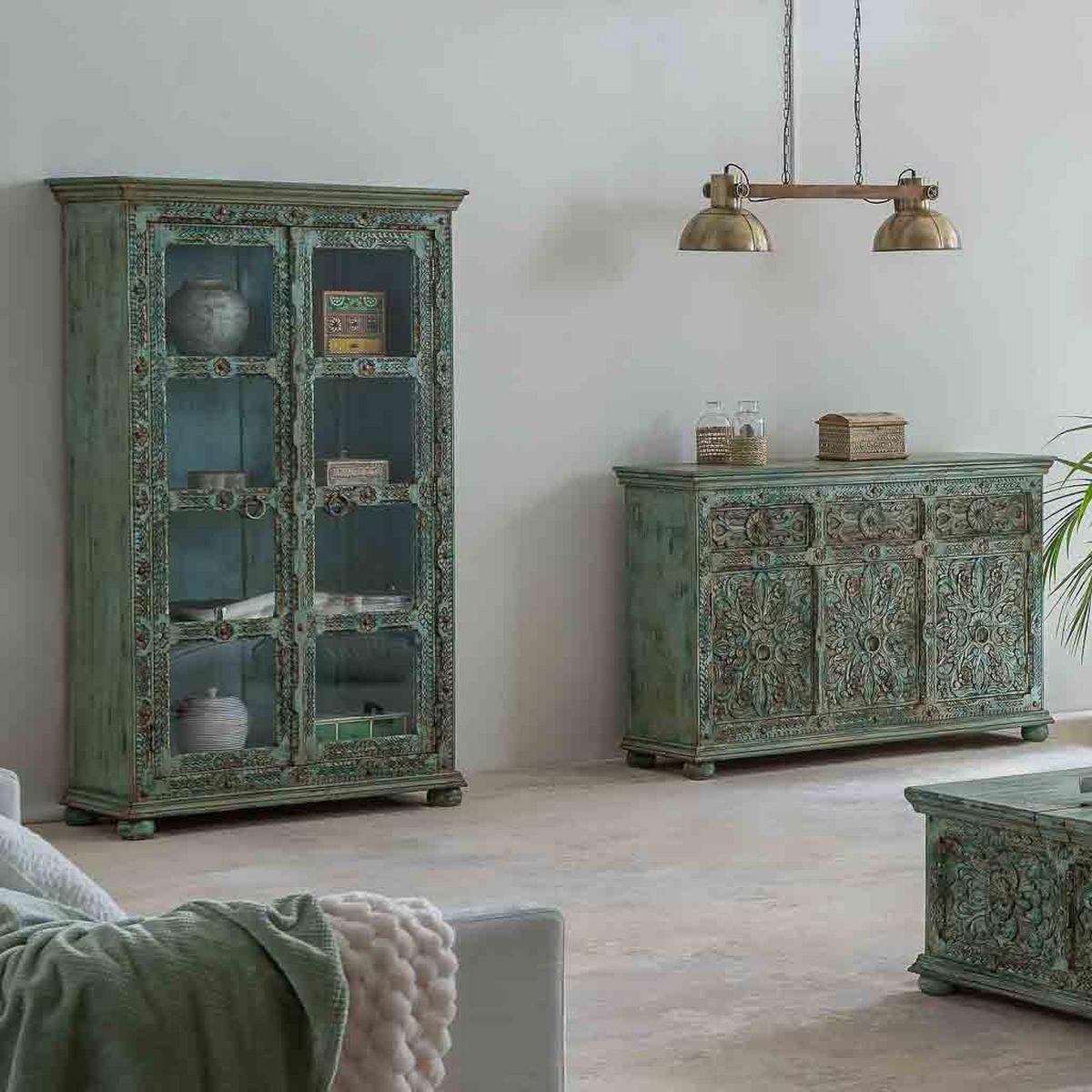 VITRINE aus geschnitztem Holz, 106x43x180 blau - Multicolor, Holz (106/180/43cm) - Wanderlust