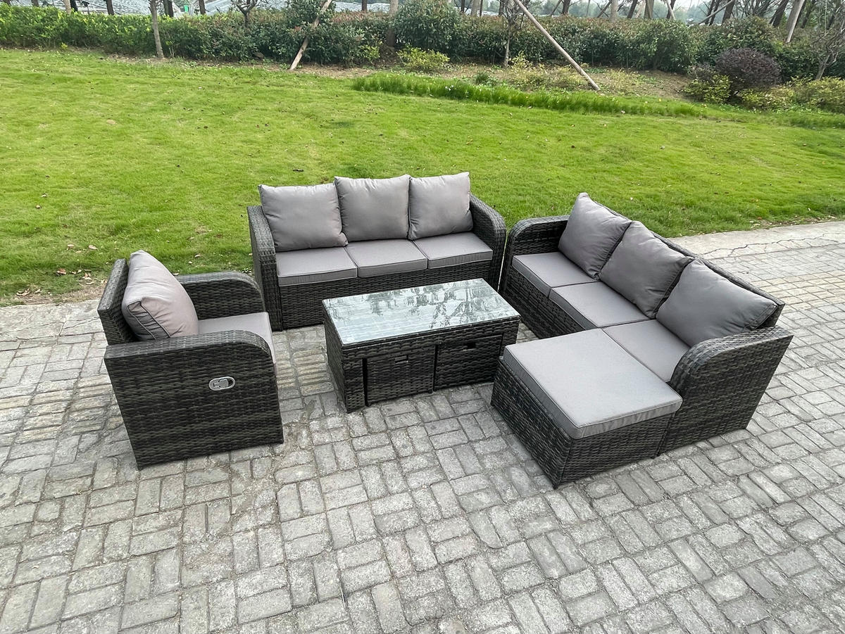 GARTENSOFA SET mit rechteckigem COUCHTISCH Polyrattan 10-Sitzer Dunkelgrau - Dunkelgrau/Grau, Glas/Kunststoff - Fimous