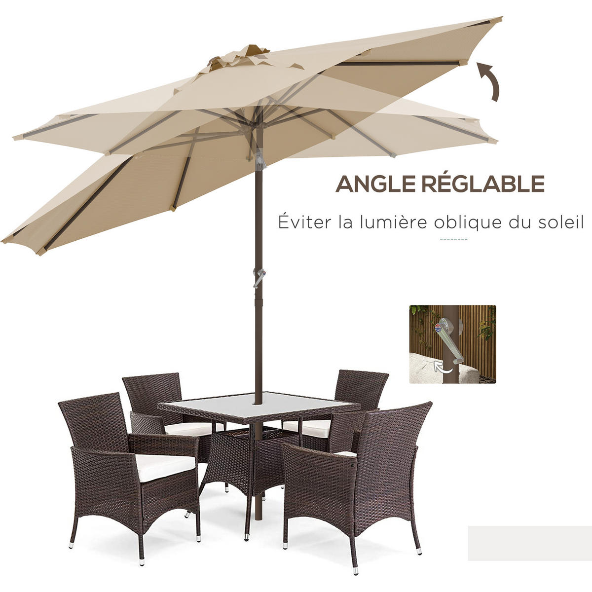 SONNENSCHIRM DE-11459 neigbar, mit Kurbel, Ø 2,63 m Beige - Mokka, Textil (263/263cm) - ComfortXL
