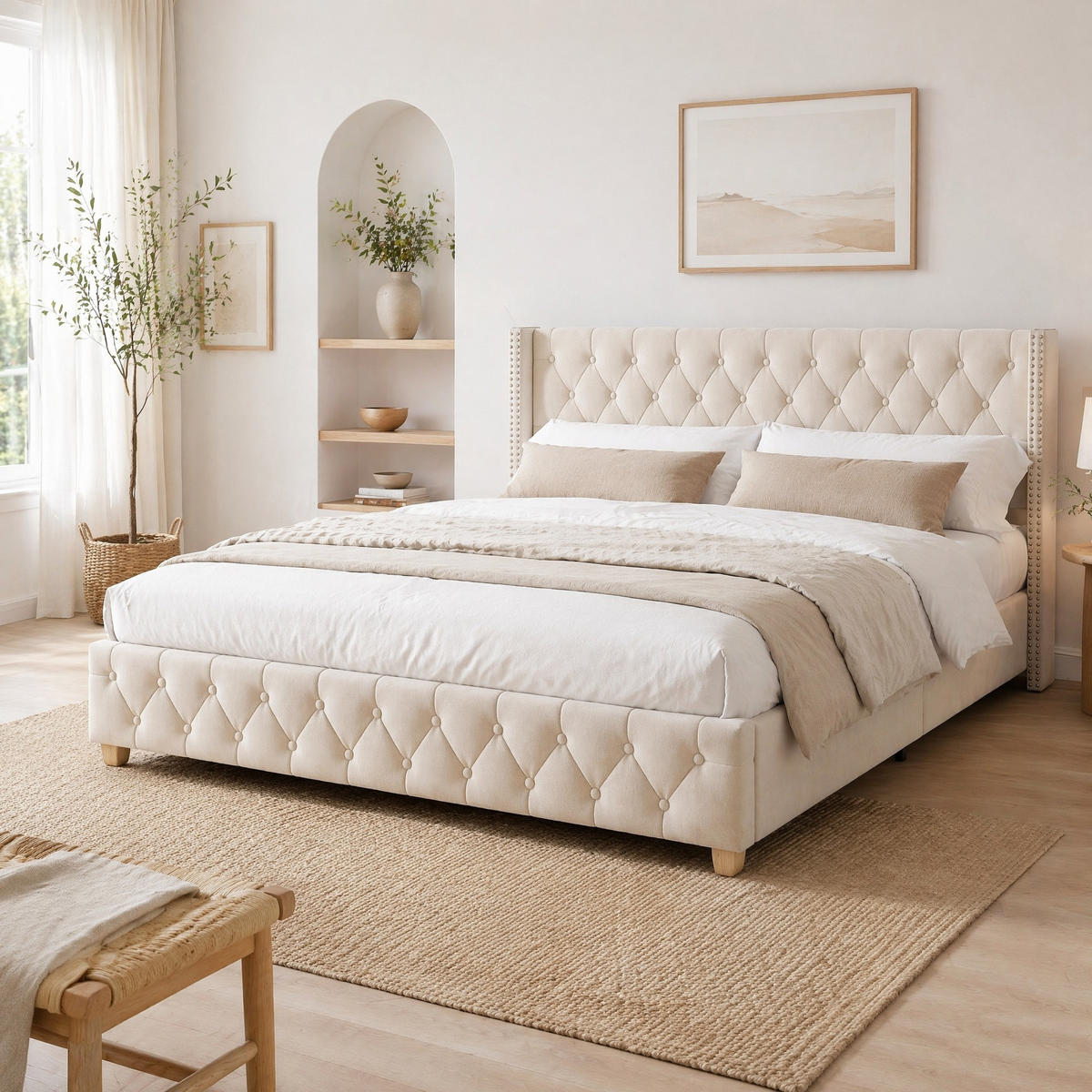 POLSTERBETT 160/200 mit Lattenrost und Knopfpolsterung in Hellbeige - Beige/Creme, Holzwerkstoff/Textil (160/200cm) - EVRYAE