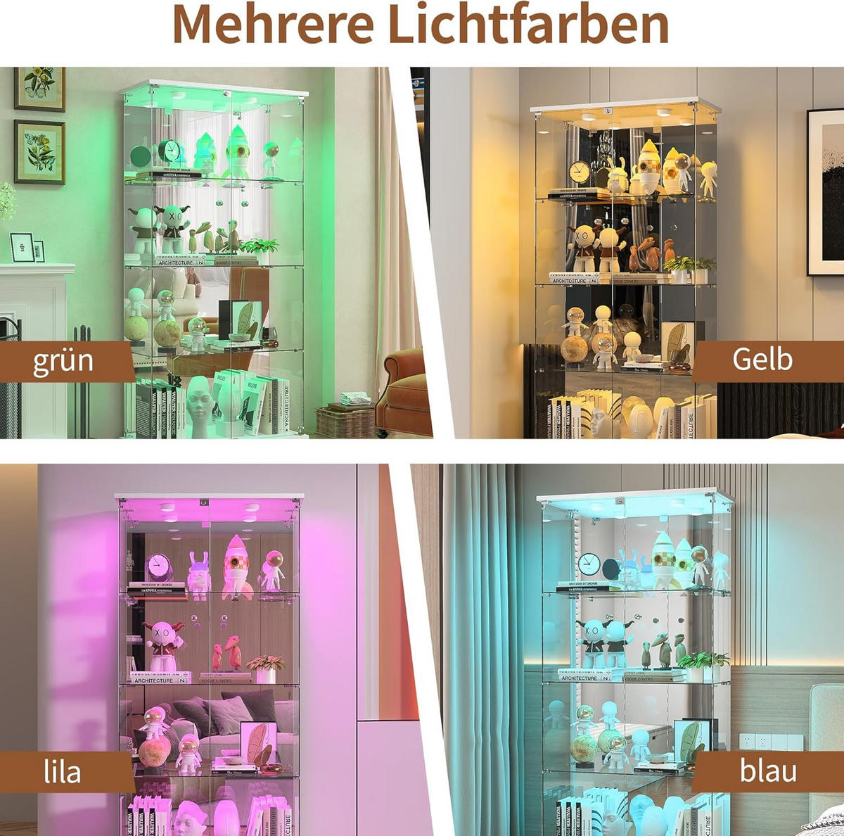 GLASVITRINE LED Vitrinenschrank Weiß mit 2 Tür 4 Etagen mit Schloss und Spiegeleffekt - Weiß, Glas (36.49/163.9/80.49cm) - BPKADHY