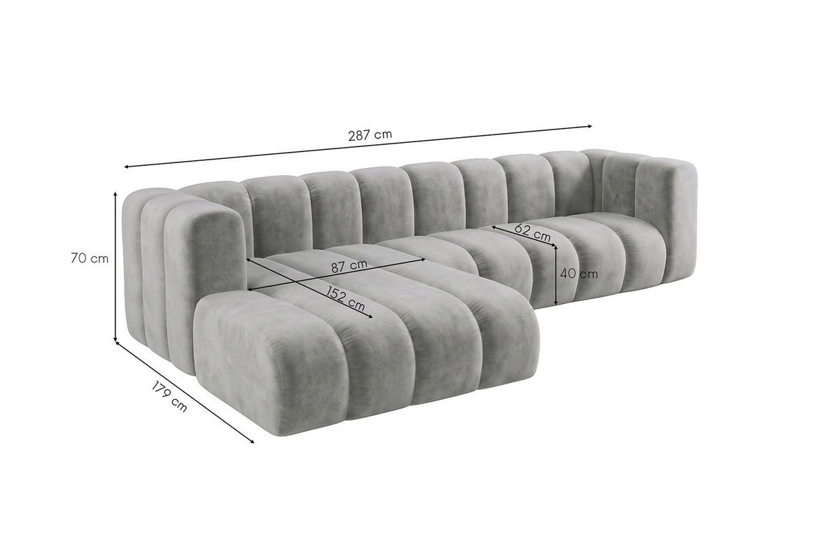 ECKSOFA Modulares In L-Form, Velvet-Stoff Riviera, Grau, Links, GRAND 287 cm - Grau, Holz (287/179cm) - Kaiser Möbel