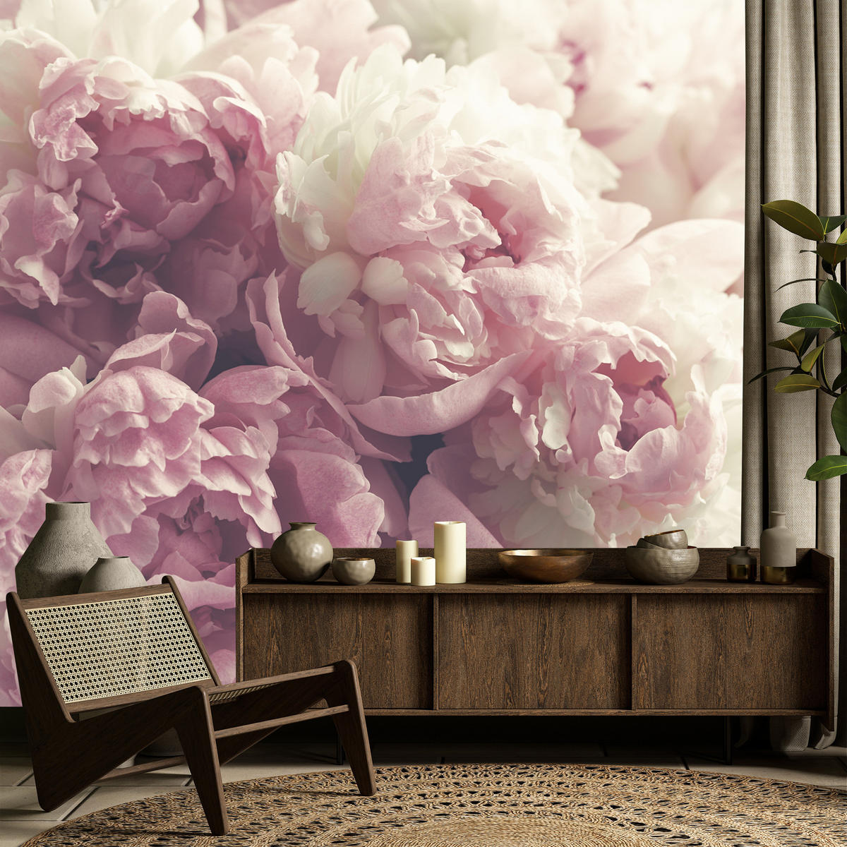 FOTOTAPETE Vintage-Pfingstrosen Blumen 3D 300x210 - Beige/Rosa, Papier (300/210cm) - Muralo