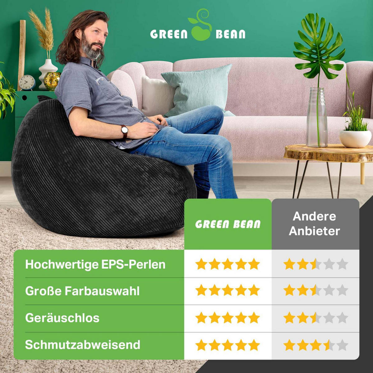 SITZSACK Indoor "Scoop" 90x110cm - Cord - Schwarz, Textil (90/110/90cm) - Green Bean