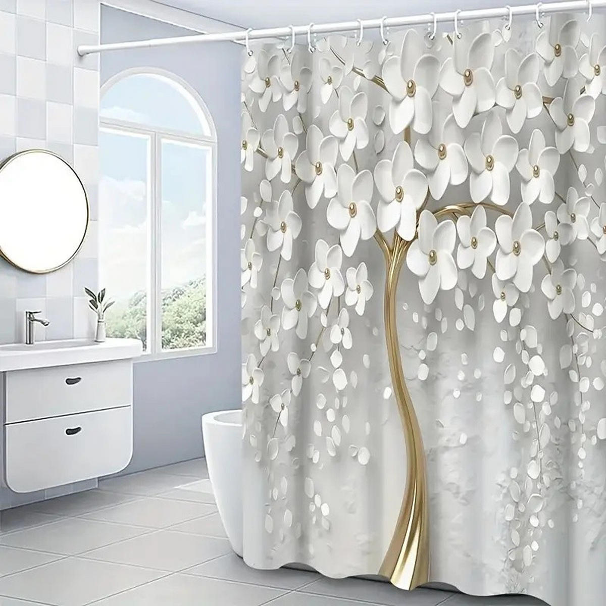 DUSCHVORHANG Weiß floral Blumen Muster mit Haken ideal für Dekoration Badezimmer - Weiß, Textil (180/180cm) - MCBOSON