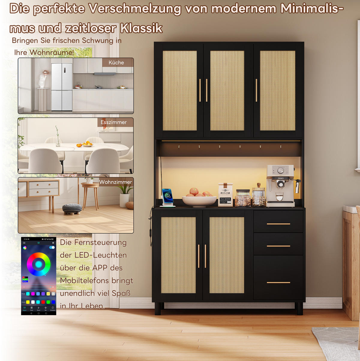 KUCHYŇSKÁ Skříň na nádobí 183 cm, MDF, černá, s LED osvětlením, USB a zásuvkami - černá, kompozitní dřevo (100/183/40cm) - BEAOK