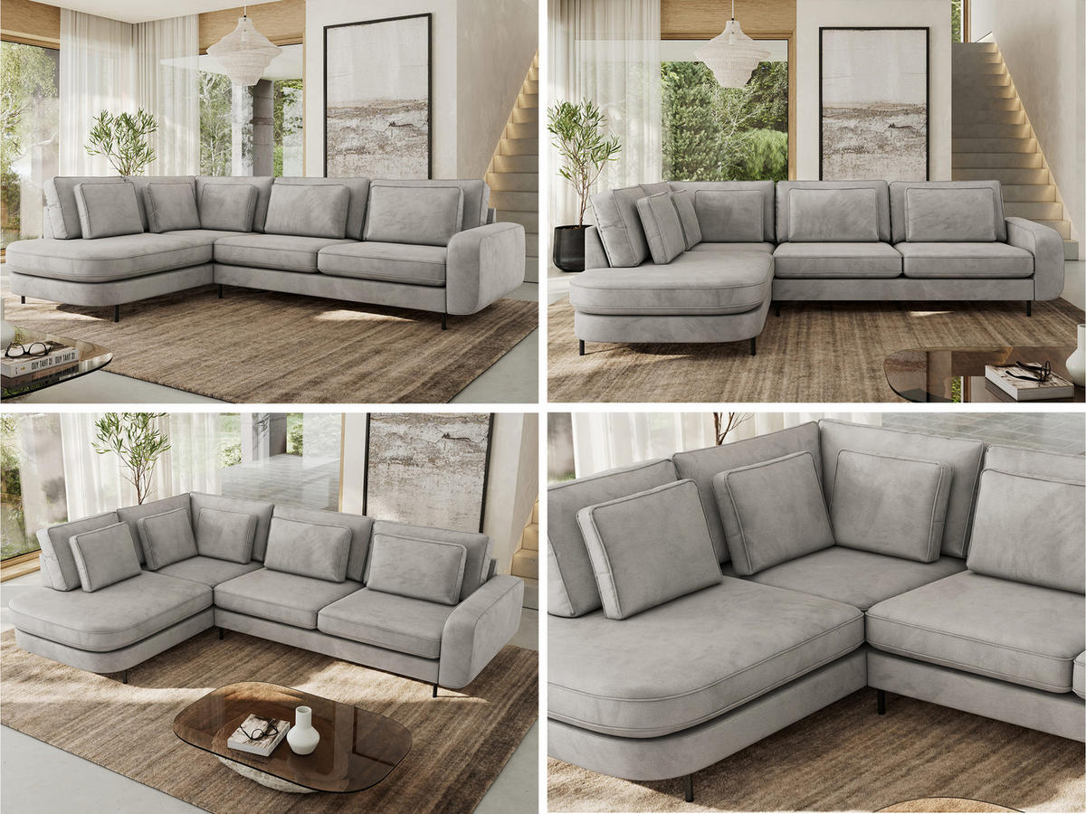 ROHOVÁ SEDAČKA CALENO L - Světle šedá Samet - Pravá Strana - černá/světle šedá, kov/textil (317/225cm) - MKS