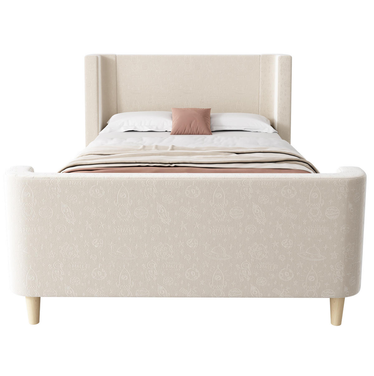 KINDERBETT aus Samt 90x200 cm Beige mit Weltraummuster und Lattenrost - Beige, Textil (90/200cm) - IVMEU