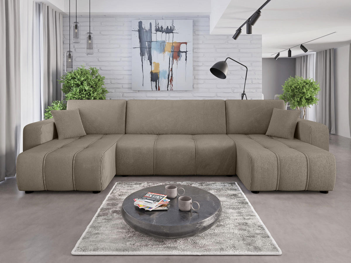 WOHNLANDSCHAFT Aice U-Form 317 cm – mit Schlaffunktion, Bettkasten, Kissen & bequemer Wellenfederung - Taupe, Kunststoff (317/85/146cm) - Wohnideebilder