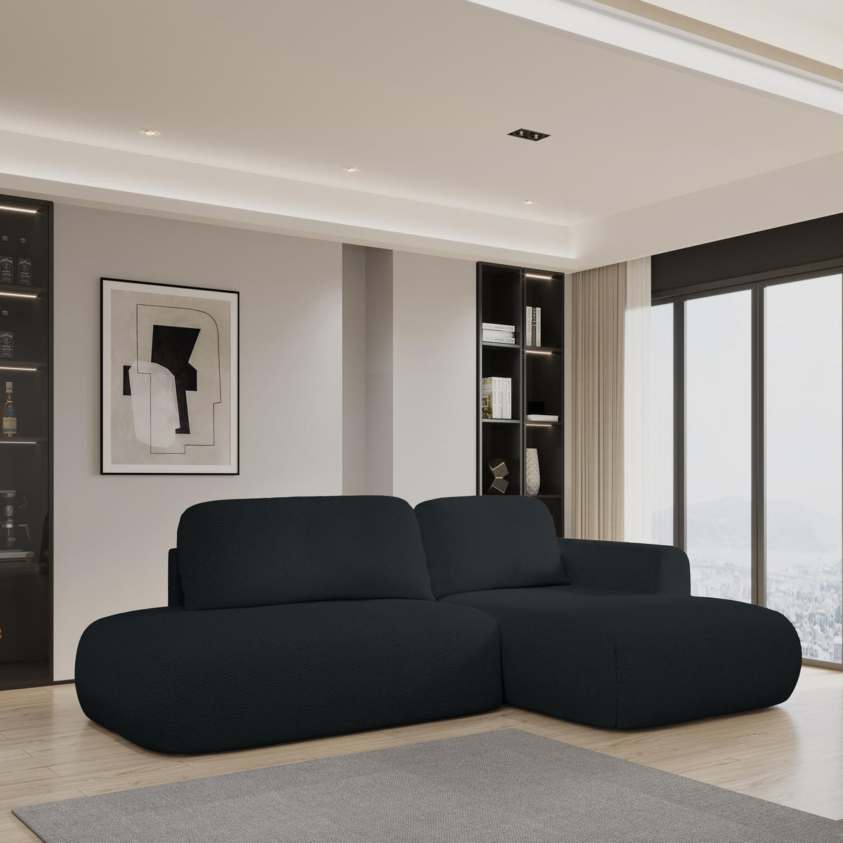 ECKSOFA NUVIRA R-S Schwarz Boucle-Stoff mit Schlaffunktion - Schwarz, Holz (274/165cm) - MASSENO