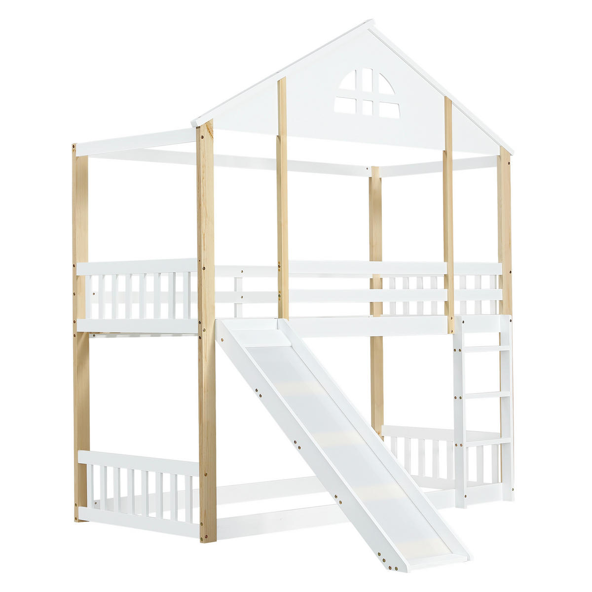 ETAGENBETT 90/200 cm weiß und natur aus Massivholz mit Rutsche und Winkeltreppe - Weiß, Holz (90/200cm) - OKWISH