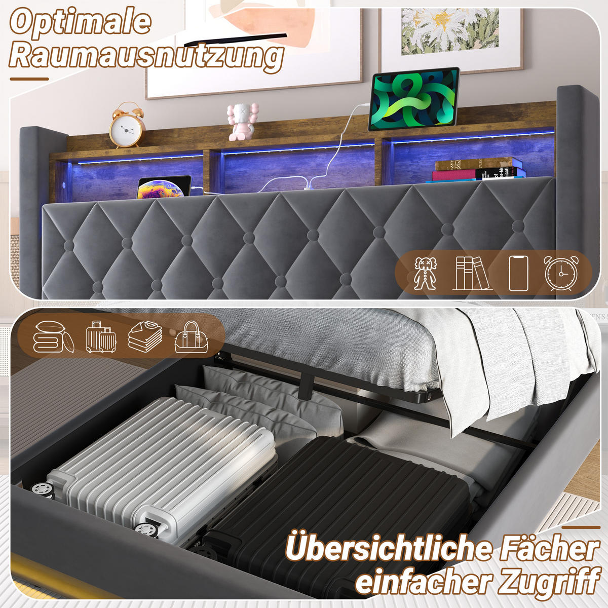 POLSTERBETT 140/200 cm in Grau Samt mit Bettkasten, LED-Beleuchtung und USB-Anschluss - Grau, Holzwerkstoff/Textil (140/200cm) - CHICFURN
