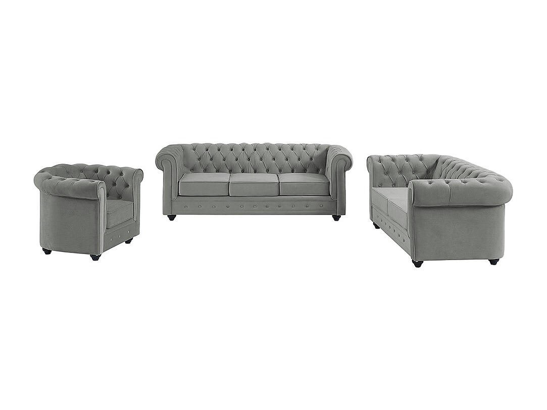 COUCHGARNITUR mit Sessel - 6 Personen - Samt, Stoff - Hellgrau - CHESTERFIELD - Hellgrau, Textil (168/72/78cm) - Vente-Unique