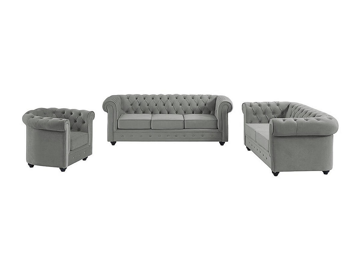 COUCHGARNITUR 3+2+1 - Samt - Hellgrau - CHESTERFIELD - Hellgrau, Textil (88/72/205cm) - Vente-Unique
