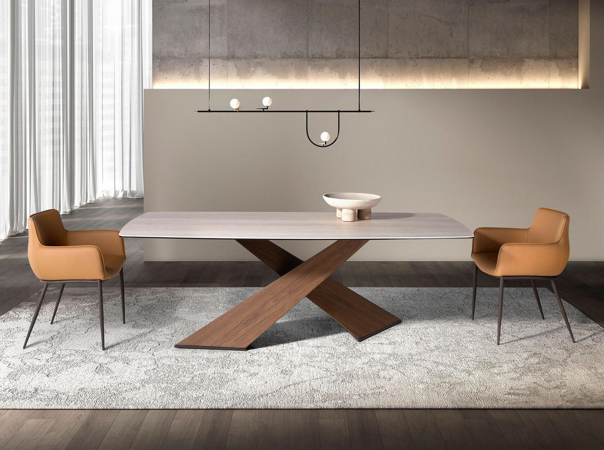 ESSTISCH Ovaler Esstisch aus Porzellanmarmor und Nussbaumholz 220/100/75 cm - Sandfarben/Walnussfarben, Keramik/Holz (100/220/75cm) - ANGEL CERDA