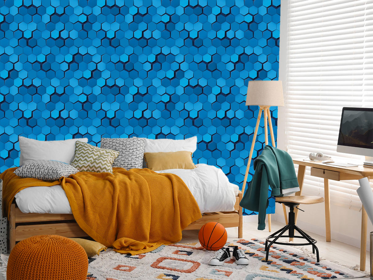 VLIESTAPETE Hexagone in 3D-Optik – Blau – 50x1000 cm - Blau, Papier (50/1000cm) - Muralo