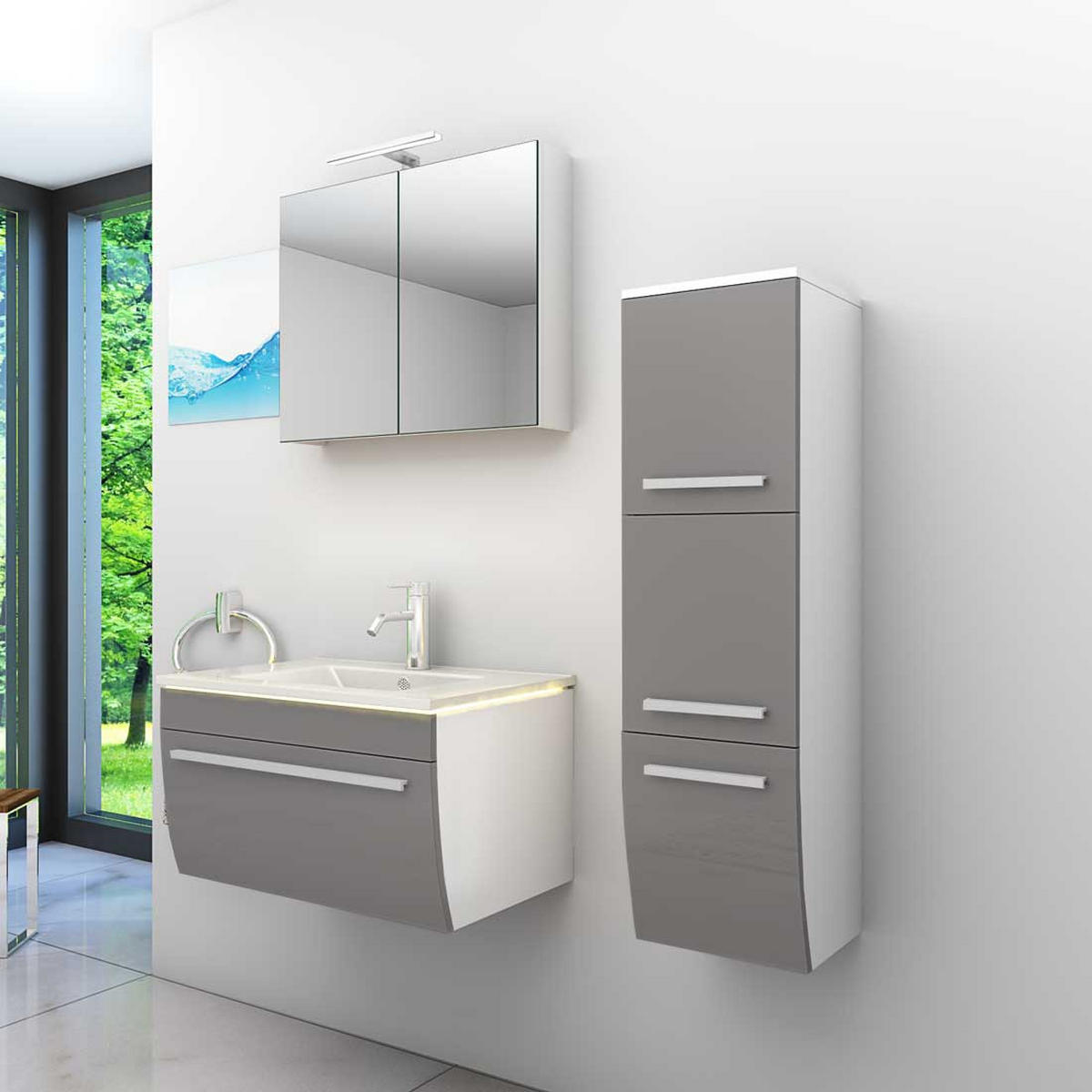 BADMÖBEL Set Gently 3 V2-R Weiß/Grau Badezimmermöbel Badspiegel Waschtisch 70 cm mit 1x 5W LED / Energiebox - Grau, Glas/Kunststoff (46/40/70cm) - AcquaVapore by Sandra Jentho