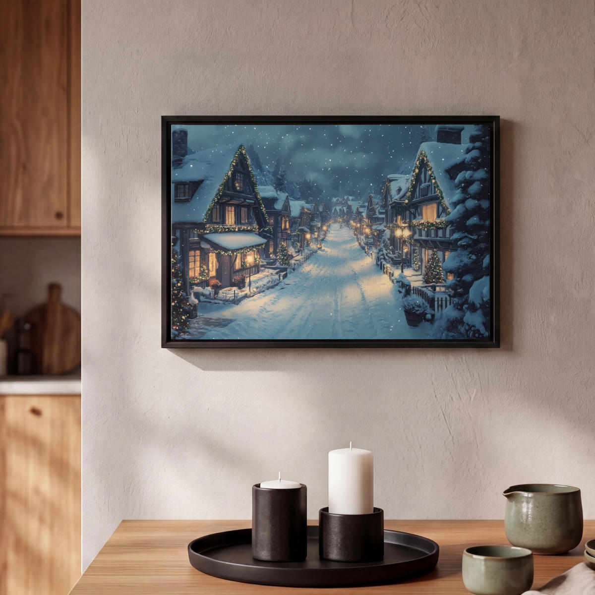 LEINWAND Bilder mit Rahmen - Weihnachtsdorf - Weihnachten - Schnee - Winter - 30x20 - Dunkelblau, Textil (30/20cm) - MuchoWow