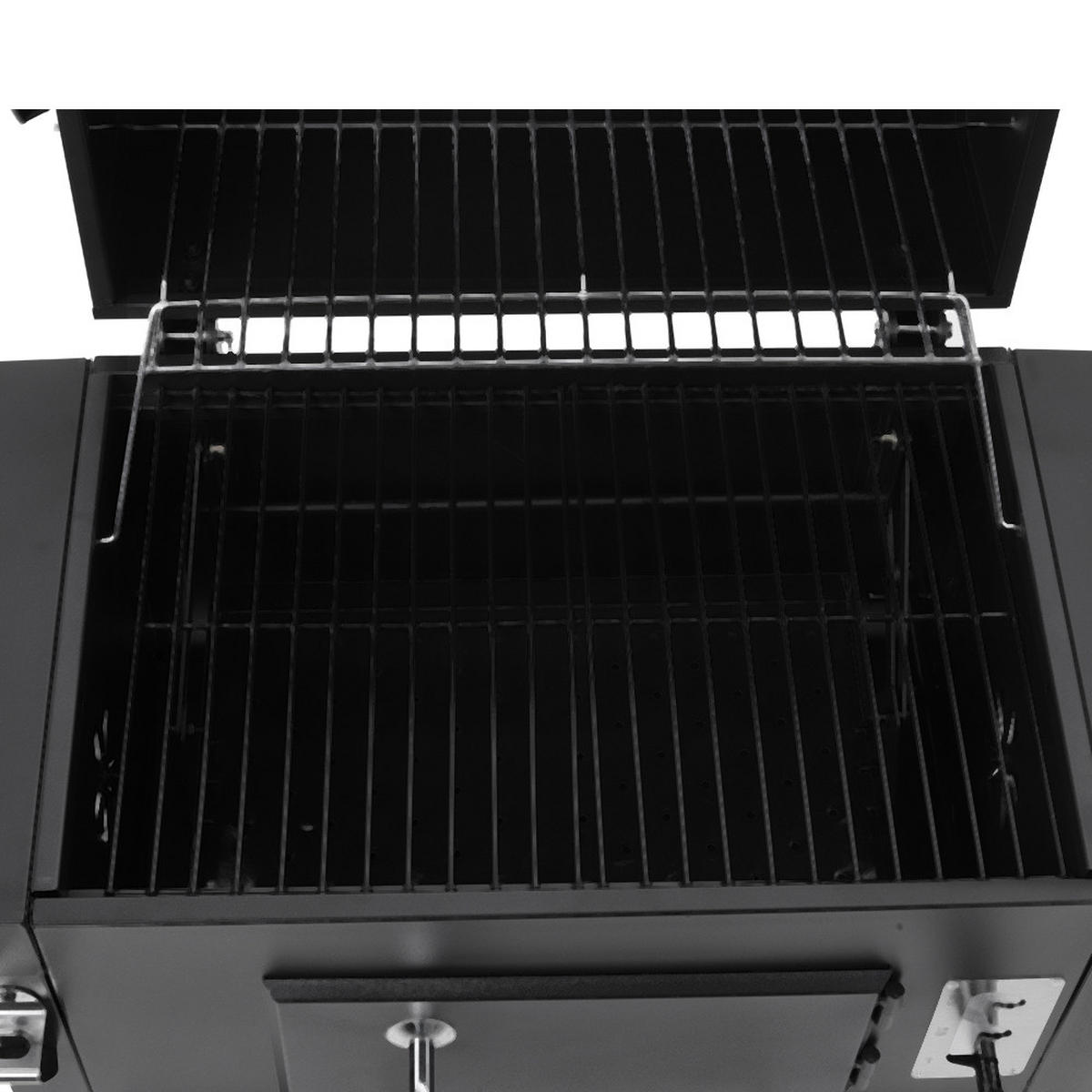 HOLZKOHLEGRILL aus Karbonstahl in Schwarz Tragbarer Outdoor BBQ 2 Seitentischen Temperaturbereich: 100-800°F 109 cm B × 46 cm T × 96,5 cm H - Schwarz, Metall (109/106.5/46cm) - Livingandhome