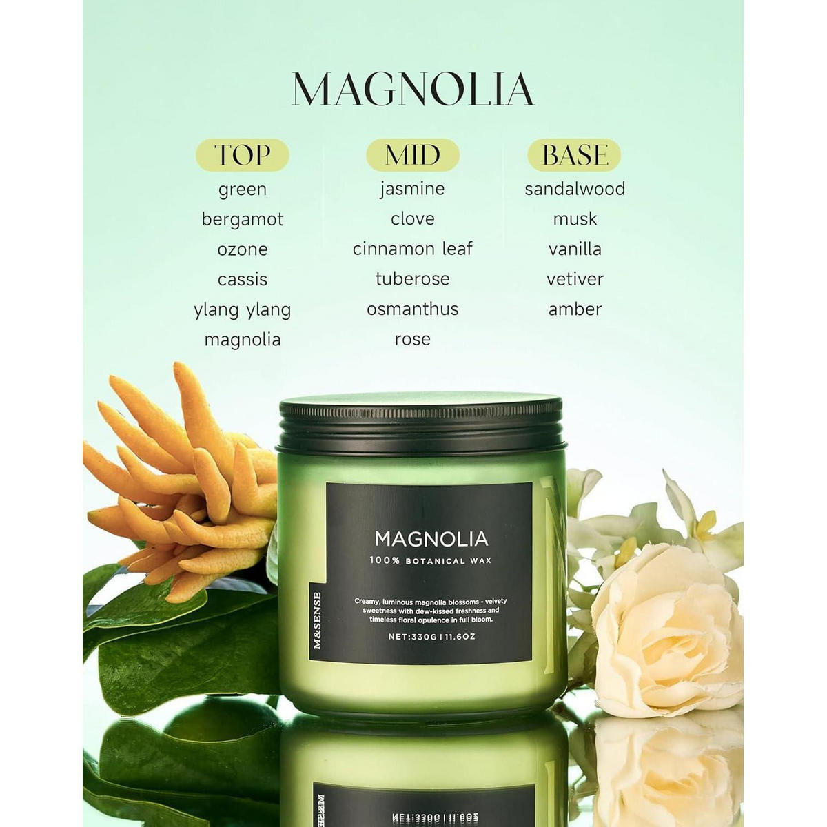 DUFTKERZE Magnolia 330g 70h 2-Docht Sojawachs - Grün, Paraffin (9.5cm)