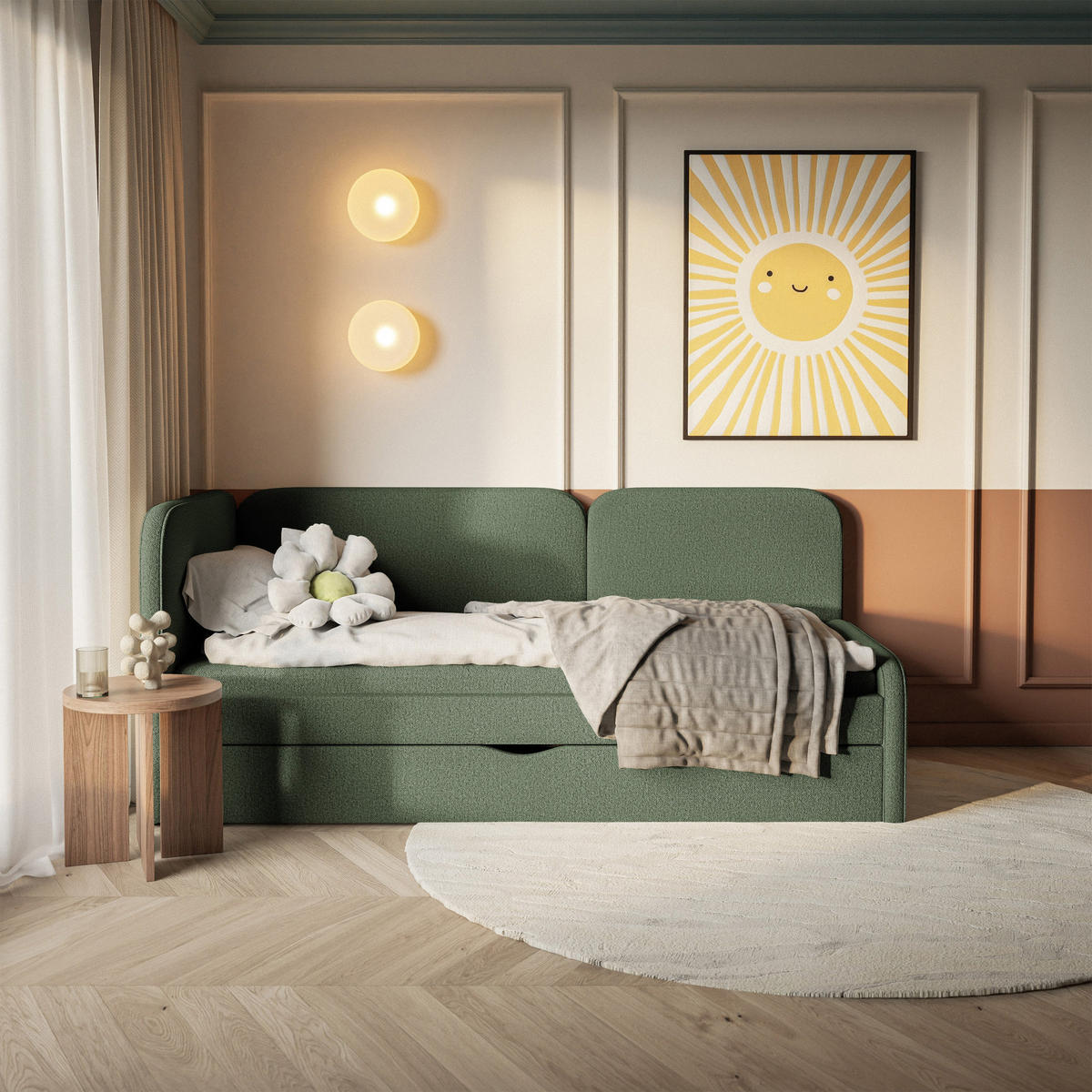 ČALOUNĚNÁ postel Cuddy, čelo vlevo, pletená látka olivová, 90x200 cm - černá/olivově zelená, kompozitní dřevo/plast (90/200cm) - Selsey