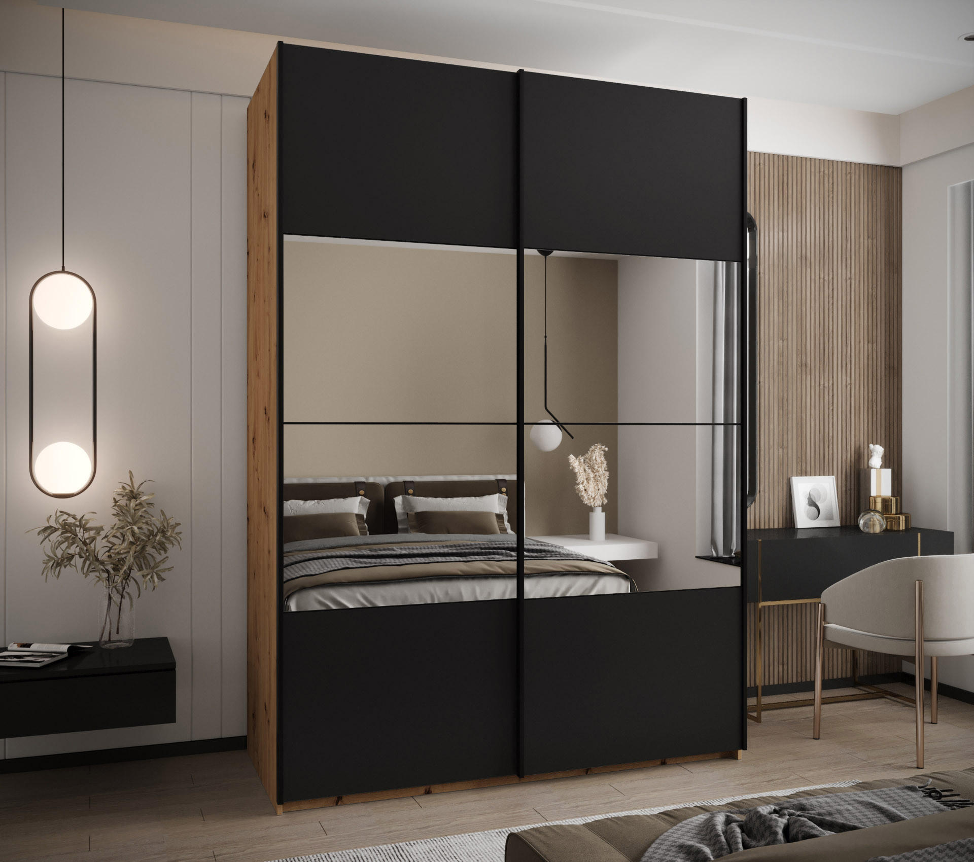 SCHWEBETÜRENSCHRANK 245,5/180/64 2-türig - Schwarz/Eiche Artisan, Holz/Metall (180/245/64cm) - Abiks Möbel