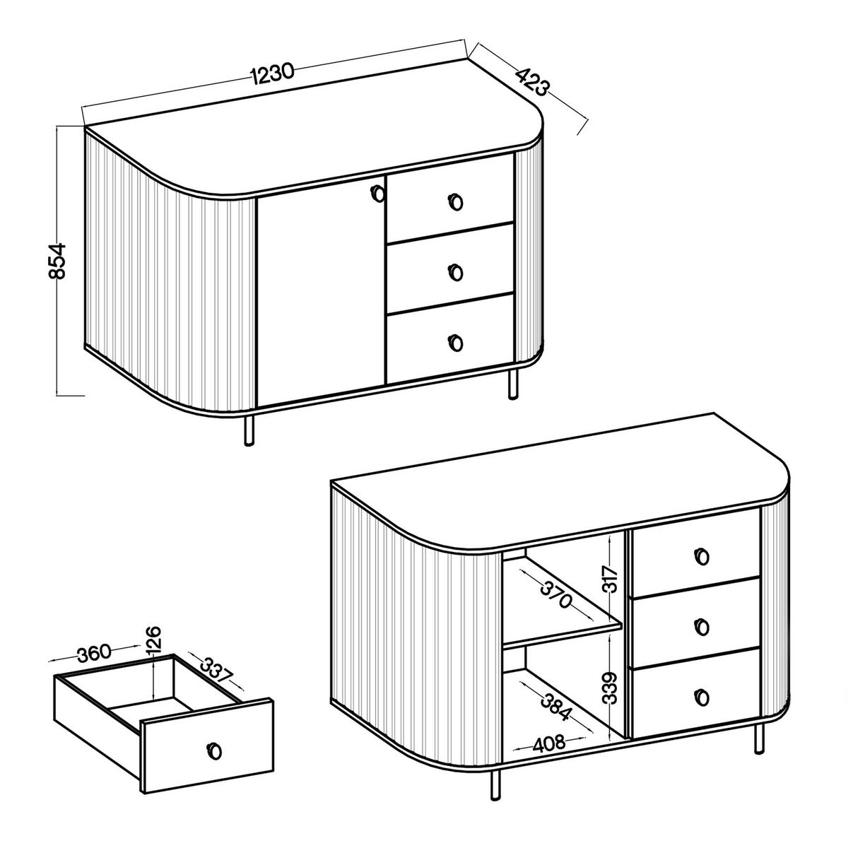 SIDEBOARD Halay Beige, 1 Tür & 3 Schubladen Moderne Rillenstruktur 123 cm - Beige/Goldfarben, Holzwerkstoff/Metall (123/85.4/42.3cm) - AX Living