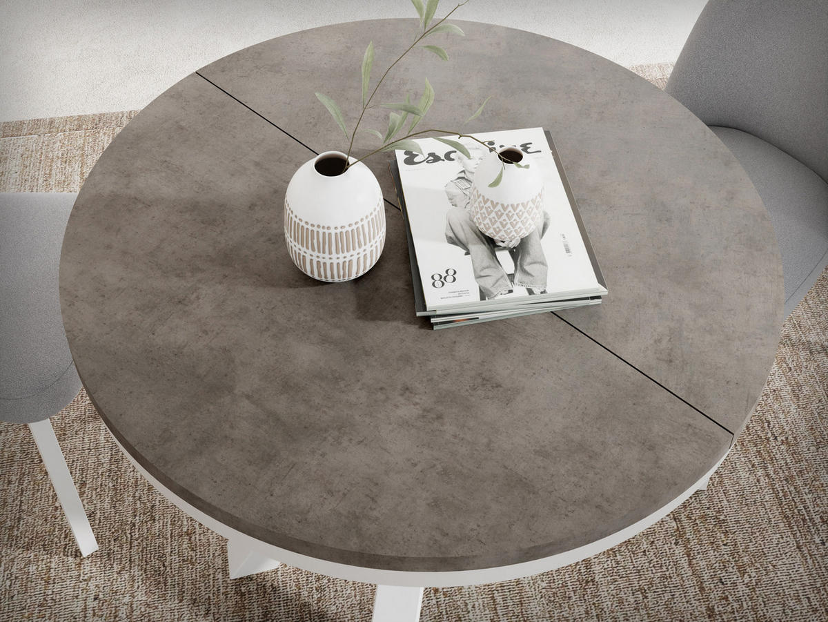 ESSTISCH Clara Weiß runder ausziehbarer, Dunkelgrauer Chicago Beton 100-180/100/76 cm - Dunkelgrau/Weiß, Holzwerkstoff/Metall (100/100/76cm) - WFL GROUP