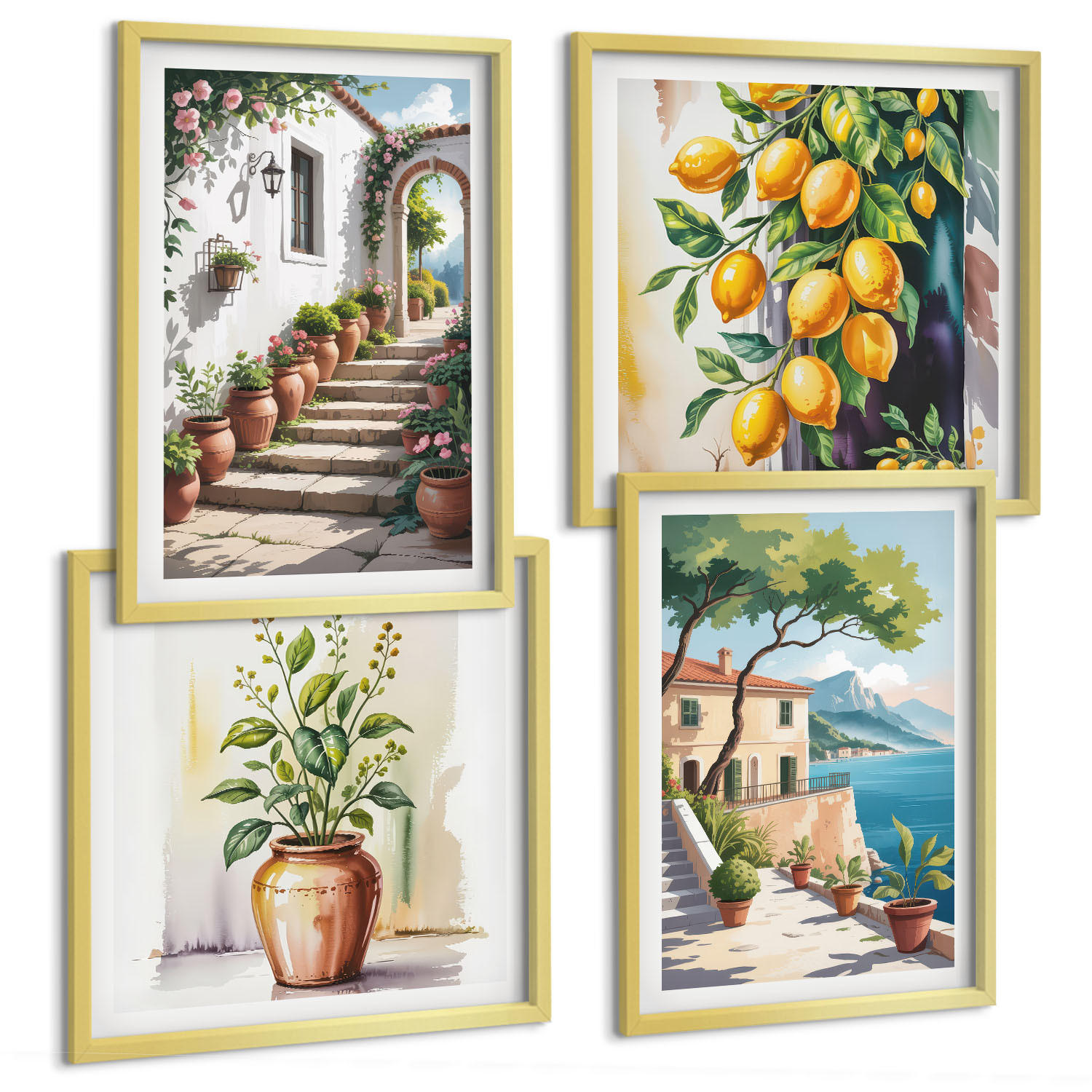 BILDER SET 4er Set - 50x50 cm & 40x60 cm Goldrahmen - Zitronenblüten am Meer - Goldfarben, Kunststoff (50/50cm) - TULUP