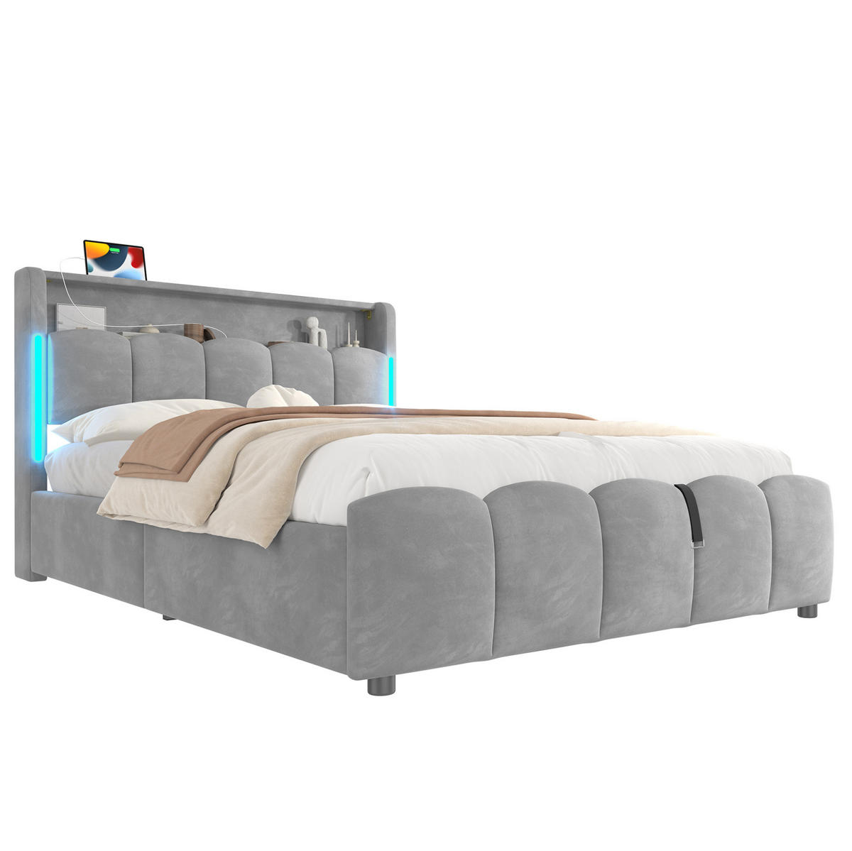 ČALÚNENÁ posteľ zo zamatu 140x200 cm sivá s LED osvetlením, úložným priestorom, USB a Typ-C - sivá, textil (140/200cm) - Modfu