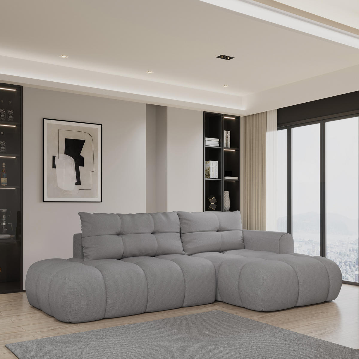 ECKSOFA FLUMA R-S Grau Geflochtener Stoff mit Schlaffunktion - Grau, Holz (274/165cm) - MASSENO