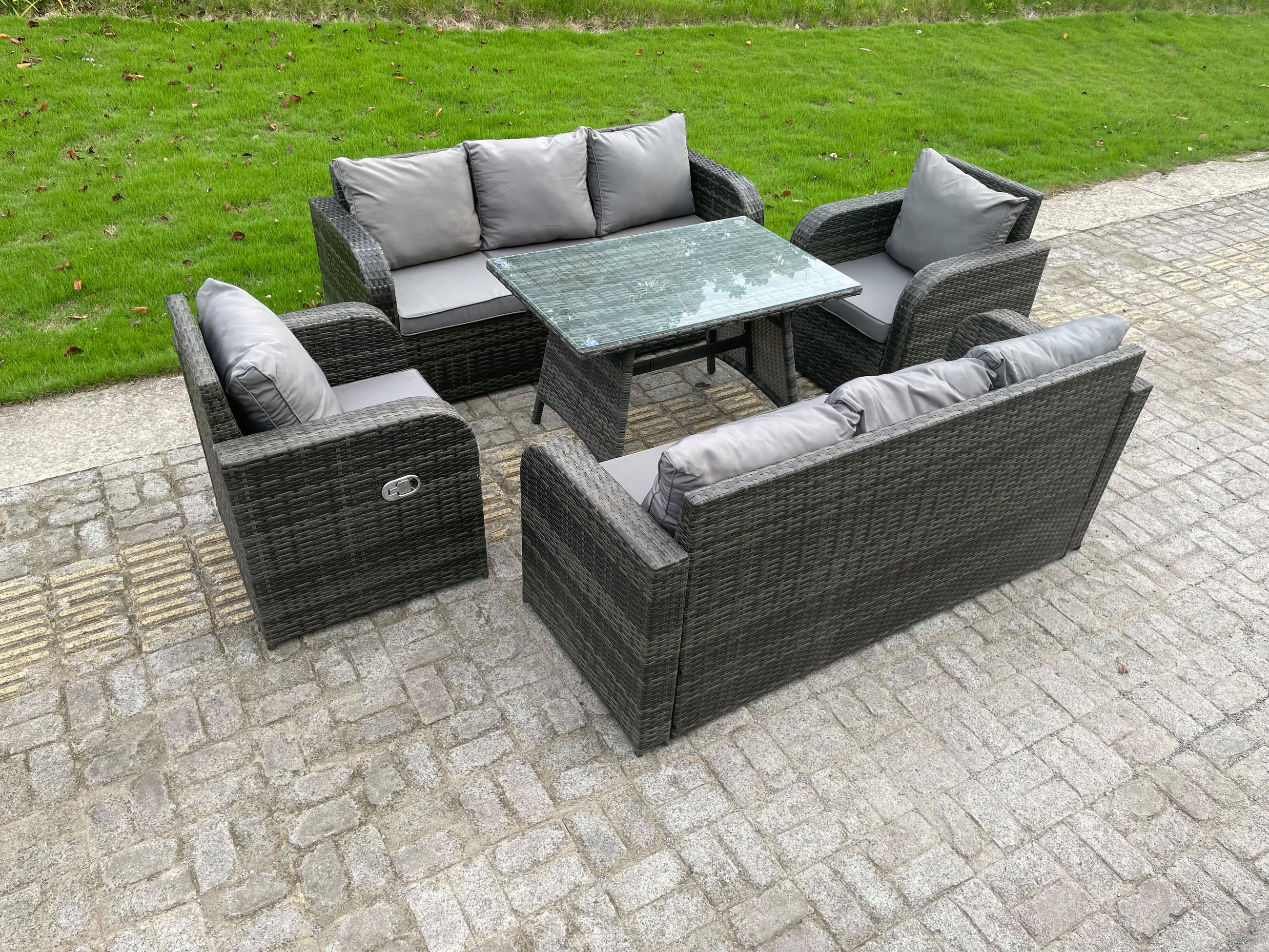 GARTENMÖBEL SET PE Polyrattan Grau - Dunkelgrau/Grau, Glas/Kunststoff - Fimous