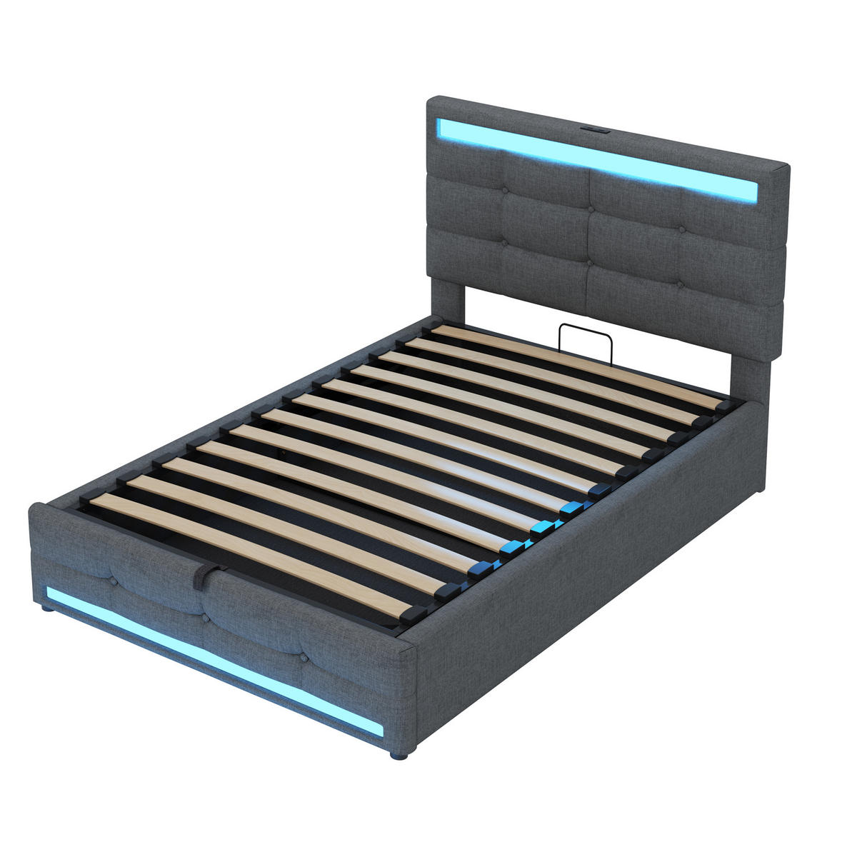 POLSTERBETT aus Stoff 90x200 cm in Grau mit LED & USB-Anschlüssen - Grau, Textil (90/200cm) - Modfu