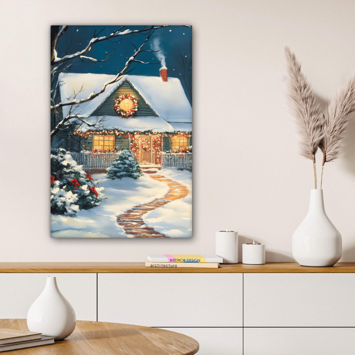LEINWANDBILD Weihnachten - Weihnachtsbaum - Winter - Zuhause - Schnee 60x90 cm - Smaragdgrün, Textil (60/90cm) - MuchoWow