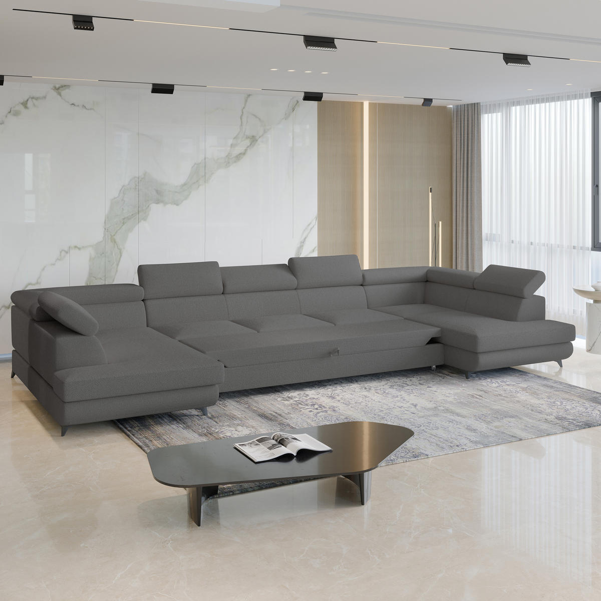 WOHNLANDSCHAFT URMANO Grau Boucle-Stoff mit Schlaffunktion - Grau, Holz (395/89/190cm) - MASSENO