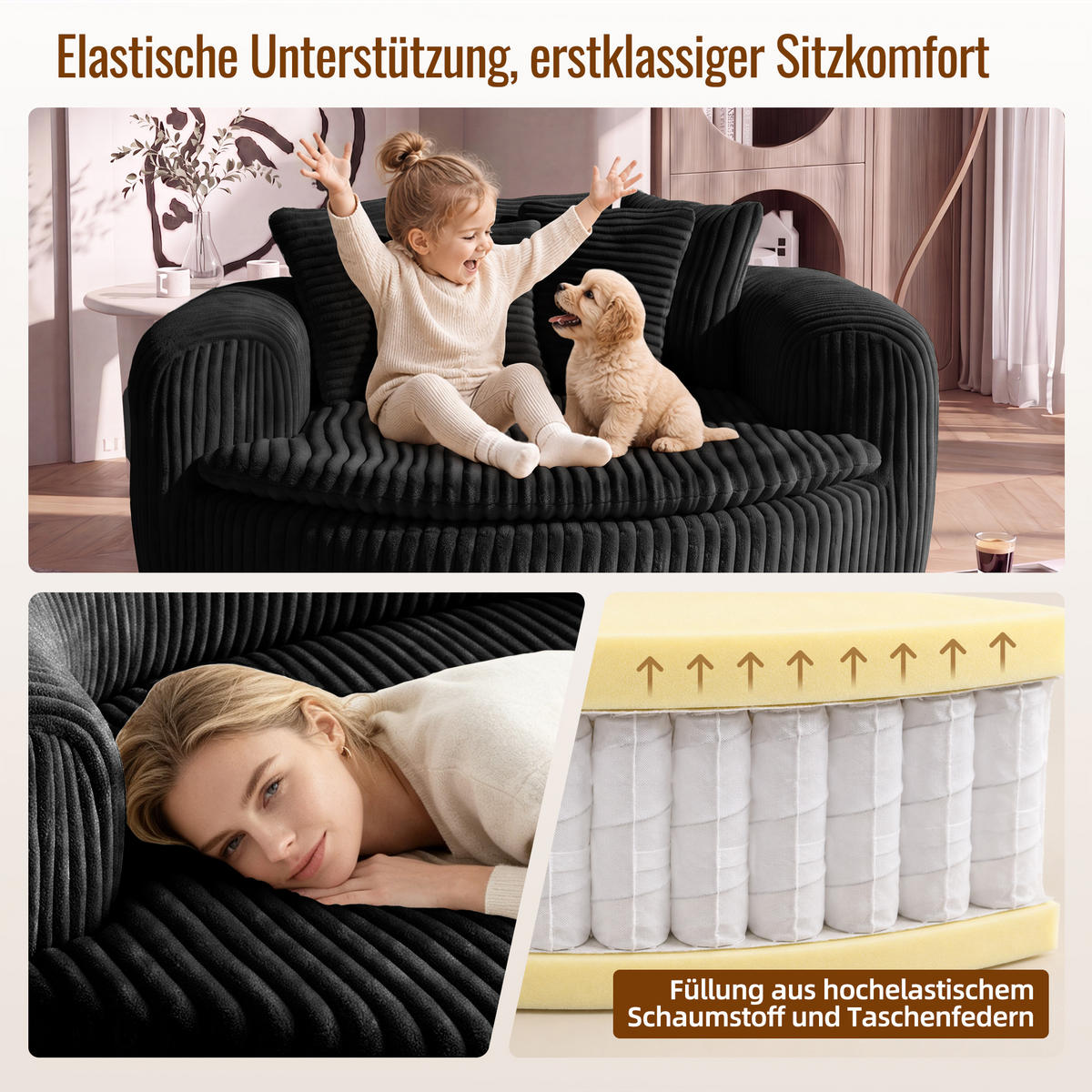 SITZSACK Cord Extrabreit mit 5 Kissen - Schwarz, Textil (145/59/133cm) - Urban Meuble