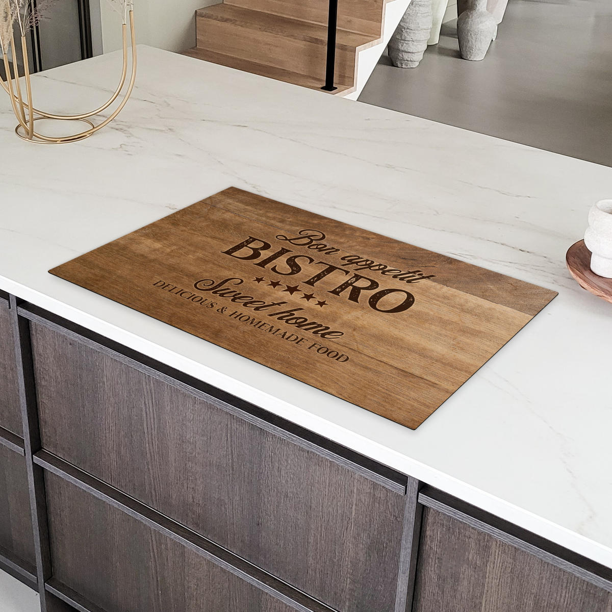 HERDABDECKPLATTE Zitat - Bistro - Guten Appetit - Süßes Zuhause - Holzmaserung 90x52 cm - Braun, Kunststoff (90/0.2/52cm) - MuchoWow